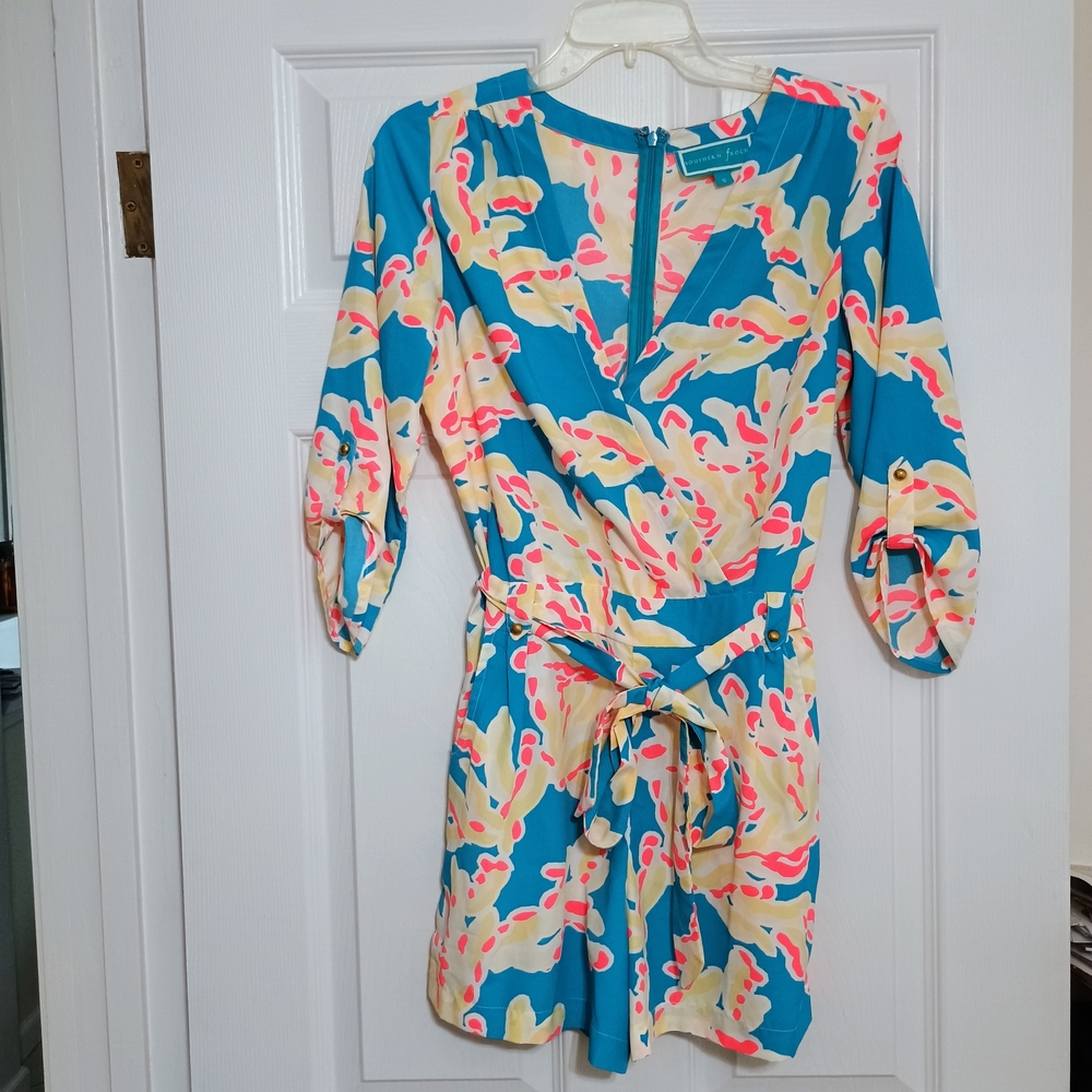 Teal Floral-Print Wrap Romper with Tie Waist